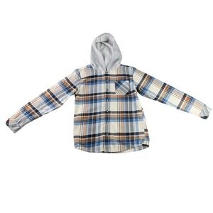 Carhartt Boys Plaid Hooded Flannel Shirt Youth M 10-12 Button Up Blue Tan Cozy